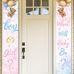 Gender Reveal Decoration-Baby Bear Boy or Girl Porch Sign Banner,Pink Blue Bear Balloon Baby Shower Door Hanging Banner for Boy Girl Gender Reveal Supplies