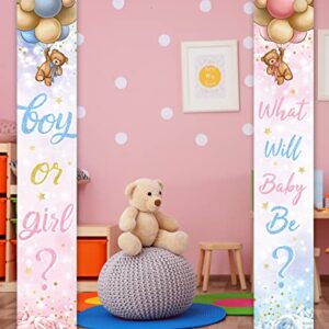 Gender Reveal Decoration-Baby Bear Boy or Girl Porch Sign Banner,Pink Blue Bear Balloon Baby Shower Door Hanging Banner for Boy Girl Gender Reveal Supplies