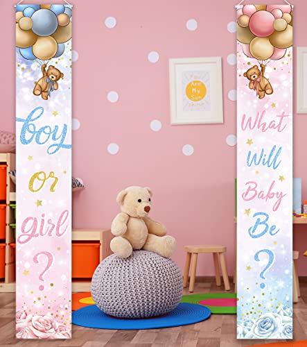Gender Reveal Decoration-Baby Bear Boy or Girl Porch Sign Banner,Pink Blue Bear Balloon Baby Shower Door Hanging Banner for Boy Girl Gender Reveal Supplies