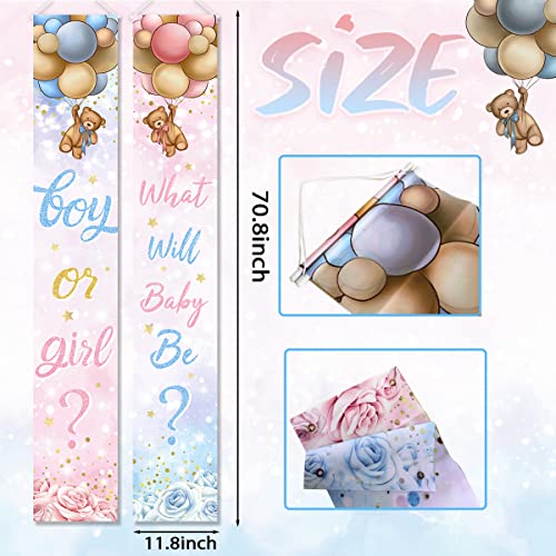 Gender Reveal Decoration-Baby Bear Boy or Girl Porch Sign Banner,Pink Blue Bear Balloon Baby Shower Door Hanging Banner for Boy Girl Gender Reveal Supplies