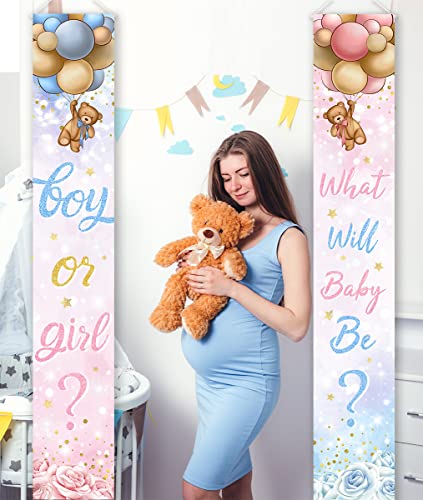 Gender Reveal Decoration-Baby Bear Boy or Girl Porch Sign Banner,Pink Blue Bear Balloon Baby Shower Door Hanging Banner for Boy Girl Gender Reveal Supplies