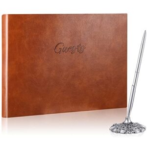 leather guest book and pen stand set, 10.5″ x 8″ embossed guests sign in book registry book for funeral, wedding reception, vacation homes and events, 80 sheets (brown)