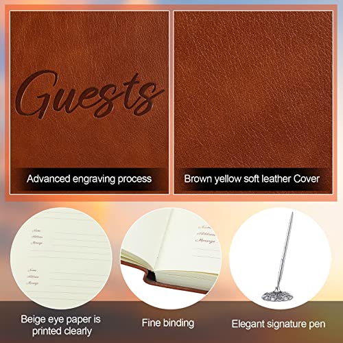 Leather Guest Book and Pen Stand Set, 10.5" x 8" Embossed Guests Sign in Book Registry Book for Funeral, Wedding Reception, Vacation Homes and Events, 80 Sheets (Brown)