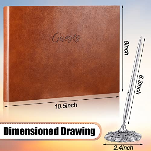 Leather Guest Book and Pen Stand Set, 10.5" x 8" Embossed Guests Sign in Book Registry Book for Funeral, Wedding Reception, Vacation Homes and Events, 80 Sheets (Brown)