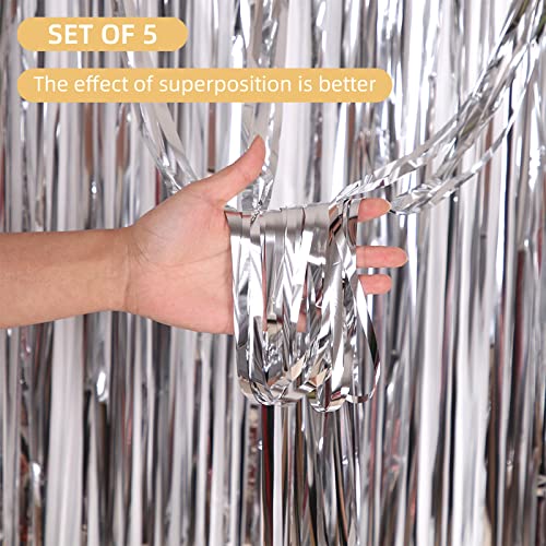 5 Pack Silver Fringe Backdrop 3.2ft x 8.2ft Foil Curtain Tinsel Foil Fringe Curtains Backdrop Tinsel Backdrop Streamers for Birthday Curtain Party Decoration Wedding Christmas Decoration (Silver)