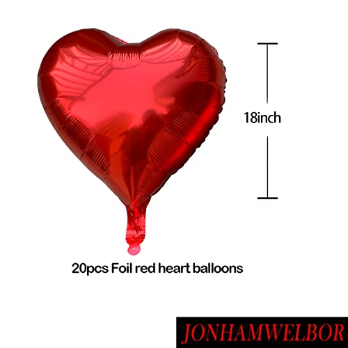 JONHAMWELBOR Red Heart Balloons Foil (18in 20Pcs) Helium or Air Filled Metallic Aluminum Heart Shape Mylar Balloons Decorations Supplies for Girl Women Birthday Wedding Bridal Baby Shower Party (Red)