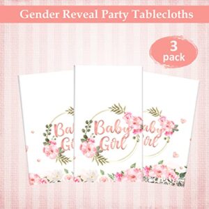 ssailue decor Girl Baby Shower Decorations Floral Baby Girl Tablecloths 3 Pieces Plastic Disposable Floral Gold Baby Table Covers for Rectangle Tables Floral Boho Rustic Girls Party Supplies