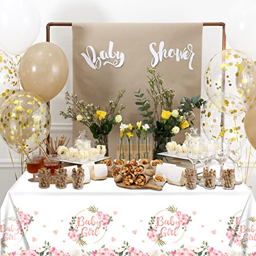 ssailue decor Girl Baby Shower Decorations Floral Baby Girl Tablecloths 3 Pieces Plastic Disposable Floral Gold Baby Table Covers for Rectangle Tables Floral Boho Rustic Girls Party Supplies
