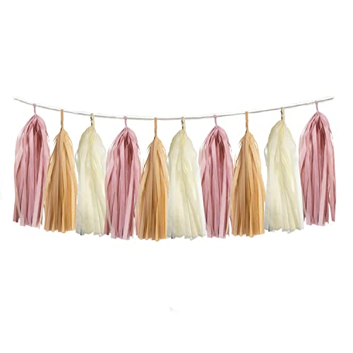 15PCS DIY Boho Rainbow Party Tassel Banner Dusty Rose Pink Kraft Brown Cream Paper Garland Streamer Wedding Baby Shower Birthday Outdoor Nursery Garden Hanging Decoration