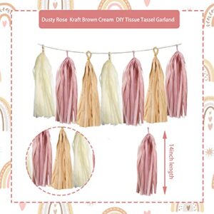 15PCS DIY Boho Rainbow Party Tassel Banner Dusty Rose Pink Kraft Brown Cream Paper Garland Streamer Wedding Baby Shower Birthday Outdoor Nursery Garden Hanging Decoration