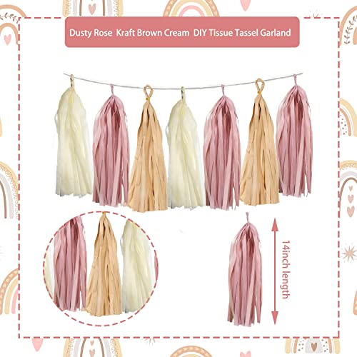 15PCS DIY Boho Rainbow Party Tassel Banner Dusty Rose Pink Kraft Brown Cream Paper Garland Streamer Wedding Baby Shower Birthday Outdoor Nursery Garden Hanging Decoration