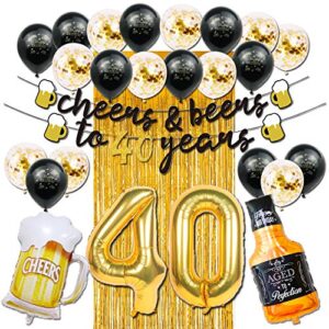 40th birthday decorations for men women, cheers and beers to 40 years banner black and gold anniversary birthday party decorations with beer mug balloon confetti balloons backdrop fringe curtain