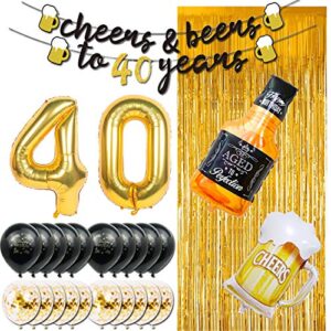 40th Birthday Decorations for Men Women, Cheers and Beers to 40 Years Banner Black and Gold Anniversary Birthday Party Decorations with Beer Mug Balloon Confetti Balloons Backdrop Fringe Curtain