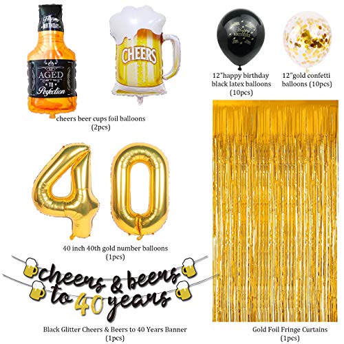 40th Birthday Decorations for Men Women, Cheers and Beers to 40 Years Banner Black and Gold Anniversary Birthday Party Decorations with Beer Mug Balloon Confetti Balloons Backdrop Fringe Curtain