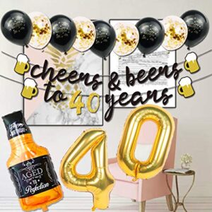 40th Birthday Decorations for Men Women, Cheers and Beers to 40 Years Banner Black and Gold Anniversary Birthday Party Decorations with Beer Mug Balloon Confetti Balloons Backdrop Fringe Curtain