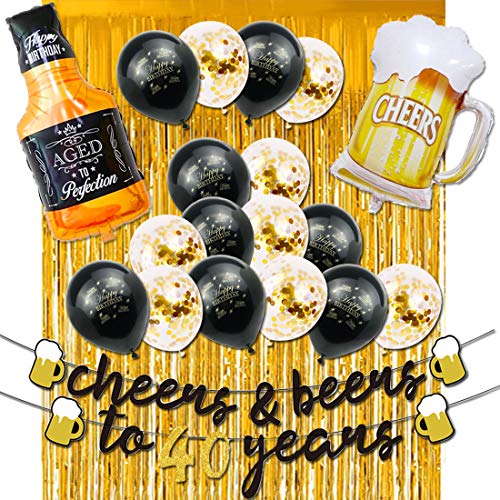 40th Birthday Decorations for Men Women, Cheers and Beers to 40 Years Banner Black and Gold Anniversary Birthday Party Decorations with Beer Mug Balloon Confetti Balloons Backdrop Fringe Curtain