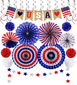 26pcs patriotic decorations 4th of july decor – love usa banner red white blue paper fans star streamer pom poms hanging swirls for veterans day,labor day,presidents day,flag day