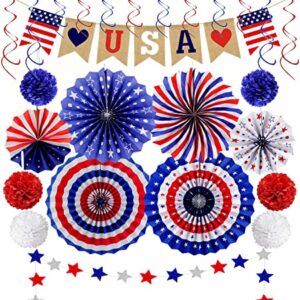 26Pcs Patriotic Decorations 4th of July Decor - LOVE USA Banner Red White Blue Paper Fans Star Streamer Pom Poms Hanging Swirls for Veterans day,Labor Day,Presidents Day,Flag Day