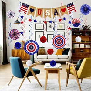 26Pcs Patriotic Decorations 4th of July Decor - LOVE USA Banner Red White Blue Paper Fans Star Streamer Pom Poms Hanging Swirls for Veterans day,Labor Day,Presidents Day,Flag Day