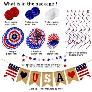 26Pcs Patriotic Decorations 4th of July Decor - LOVE USA Banner Red White Blue Paper Fans Star Streamer Pom Poms Hanging Swirls for Veterans day,Labor Day,Presidents Day,Flag Day