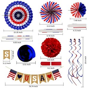 26Pcs Patriotic Decorations 4th of July Decor - LOVE USA Banner Red White Blue Paper Fans Star Streamer Pom Poms Hanging Swirls for Veterans day,Labor Day,Presidents Day,Flag Day