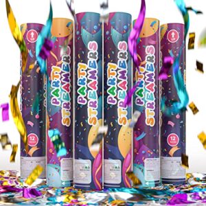 6 pack no mess streamer confetti cannon confetti poppers | shiny multicolor streamers | tur party supplies | launches up to 25ft | giant (12 in) | party poppers for graduation, birthdays, weddings