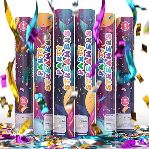 6 Pack No MESS Streamer Confetti Cannon Confetti Poppers | Shiny Multicolor Streamers | TUR Party Supplies | Launches Up to 25ft | Giant (12 in) | Party Poppers for Graduation, Birthdays, Weddings