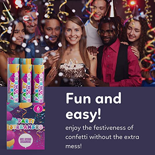 6 Pack No MESS Streamer Confetti Cannon Confetti Poppers | Shiny Multicolor Streamers | TUR Party Supplies | Launches Up to 25ft | Giant (12 in) | Party Poppers for Graduation, Birthdays, Weddings