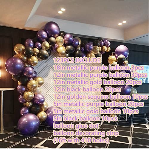 Metallic Purple Balloon Arch Garland Kit-Metallic Gold Balloon Black Balloon 123Pcs for Graduation,Birthday,Easter,Baby Shower,Christmas,Fiesta Party Decoration.