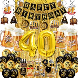 40th birthday decorations for men women – (60pcs) black gold party banner, 40 inch gold balloons,40th sign latex balloon,fringe curtains and cheers to you foil balloons,hanging swirl,photo props