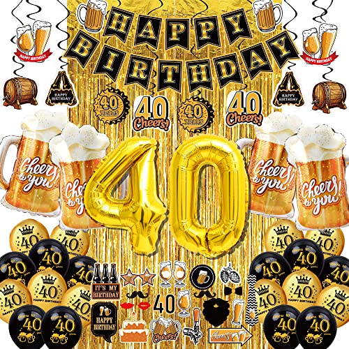 40th birthday decorations for men women - (60pcs) black gold party Banner, 40 Inch Gold Balloons,40th Sign Latex Balloon,Fringe Curtains and cheers to you Foil Balloons,Hanging Swirl,photo props