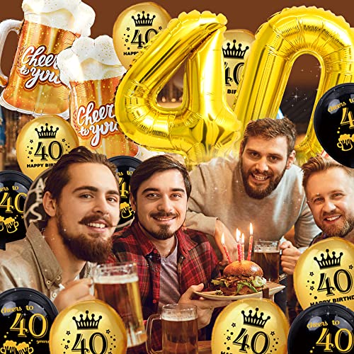 40th birthday decorations for men women - (60pcs) black gold party Banner, 40 Inch Gold Balloons,40th Sign Latex Balloon,Fringe Curtains and cheers to you Foil Balloons,Hanging Swirl,photo props