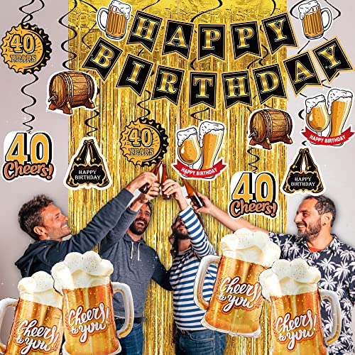40th birthday decorations for men women - (60pcs) black gold party Banner, 40 Inch Gold Balloons,40th Sign Latex Balloon,Fringe Curtains and cheers to you Foil Balloons,Hanging Swirl,photo props