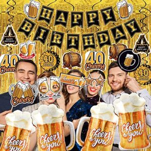 40th birthday decorations for men women - (60pcs) black gold party Banner, 40 Inch Gold Balloons,40th Sign Latex Balloon,Fringe Curtains and cheers to you Foil Balloons,Hanging Swirl,photo props