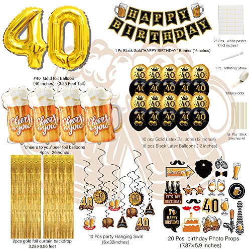 40th birthday decorations for men women - (60pcs) black gold party Banner, 40 Inch Gold Balloons,40th Sign Latex Balloon,Fringe Curtains and cheers to you Foil Balloons,Hanging Swirl,photo props