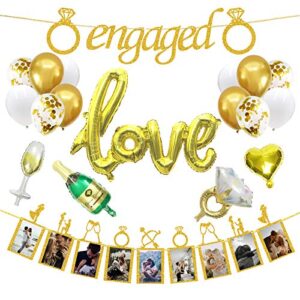 engagement wedding decorations,gold engaged banner, photo banner and set of 12+5 distinctive balloons for engagement/wedding/anniversary/valentines day party