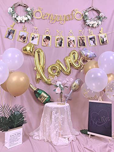 Engagement Wedding Decorations,Gold Engaged Banner, Photo Banner and Set of 12+5 distinctive Balloons for Engagement/Wedding/Anniversary/Valentines Day Party