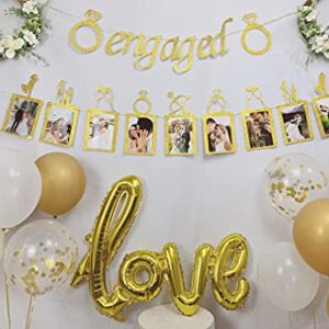 Engagement Wedding Decorations,Gold Engaged Banner, Photo Banner and Set of 12+5 distinctive Balloons for Engagement/Wedding/Anniversary/Valentines Day Party