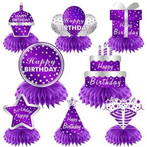 kauayurk 8pcs purple silver happy birthday decorations honeycomb centerpieces for women, happy birthday table topper sign party supplies, 16th 21st 30th 40th 50th 60th birthday table decor