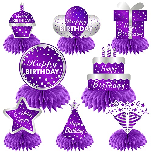 Kauayurk 8Pcs Purple Silver Happy Birthday Decorations Honeycomb Centerpieces for Women, Happy Birthday Table Topper Sign Party Supplies, 16th 21st 30th 40th 50th 60th Birthday Table Decor