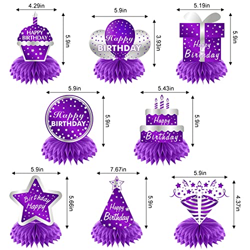 Kauayurk 8Pcs Purple Silver Happy Birthday Decorations Honeycomb Centerpieces for Women, Happy Birthday Table Topper Sign Party Supplies, 16th 21st 30th 40th 50th 60th Birthday Table Decor