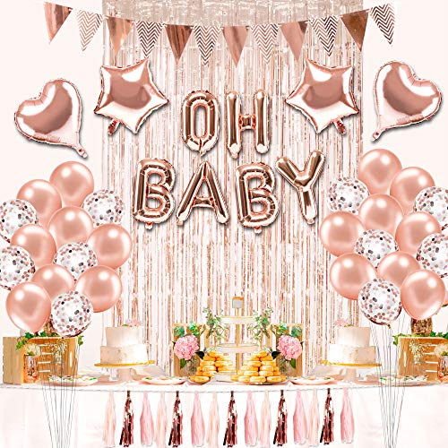 Sekcen Baby Shower Decorations for Girl 69 Pcs Rose Gold Girl Baby Shower Decor Kit with Foil & Confetti Balloons, Tassels, Triangle Flags