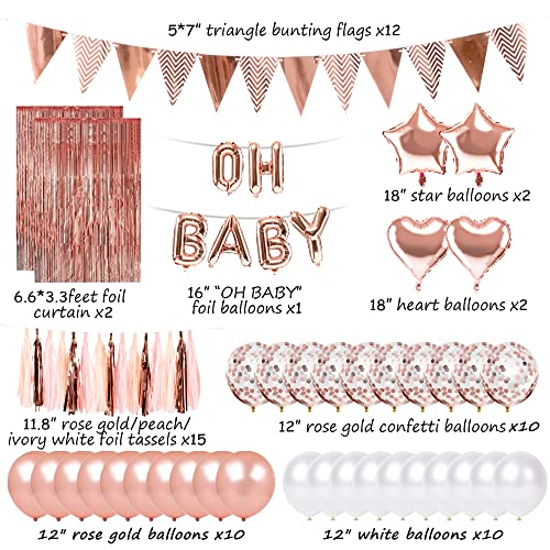 Sekcen Baby Shower Decorations for Girl 69 Pcs Rose Gold Girl Baby Shower Decor Kit with Foil & Confetti Balloons, Tassels, Triangle Flags