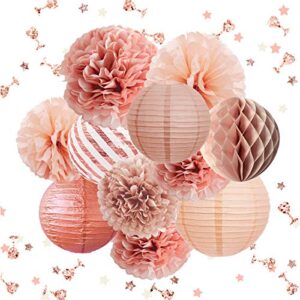 nicrolandee rose gold party decorations -12pcs elegant party supplies tissue pom poms paper lantern glitter confetti 30g for wedding bridal shower baby shower birthday bachelorette party decorations