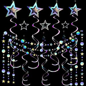 37 pieces iridescent holographic hanging bling twinkle star galaxy garland circle dot swirl streamer glitter party supplies kit decorations for wedding disco party decorations