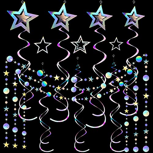 37 Pieces Iridescent Holographic Hanging Bling Twinkle Star Galaxy Garland Circle Dot Swirl Streamer Glitter Party Supplies Kit Decorations for Wedding Disco Party Decorations