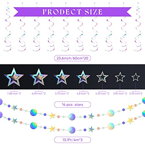 37 Pieces Iridescent Holographic Hanging Bling Twinkle Star Galaxy Garland Circle Dot Swirl Streamer Glitter Party Supplies Kit Decorations for Wedding Disco Party Decorations