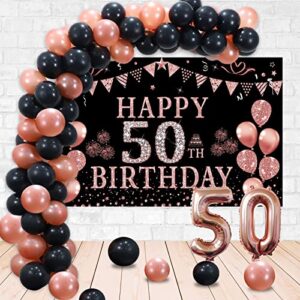 Trgowaul 50th Birthday Decorations Women - Black Rose Gold Happy 50th Birthday Banner Backdrop, 60 Pcs Latex Confetti Balloons and 50 Number Balloons 50 Years Old Birthday Party Supplies Gifts for her