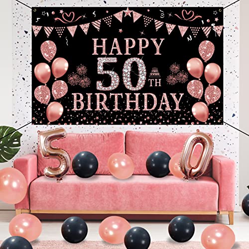 Trgowaul 50th Birthday Decorations Women - Black Rose Gold Happy 50th Birthday Banner Backdrop, 60 Pcs Latex Confetti Balloons and 50 Number Balloons 50 Years Old Birthday Party Supplies Gifts for her