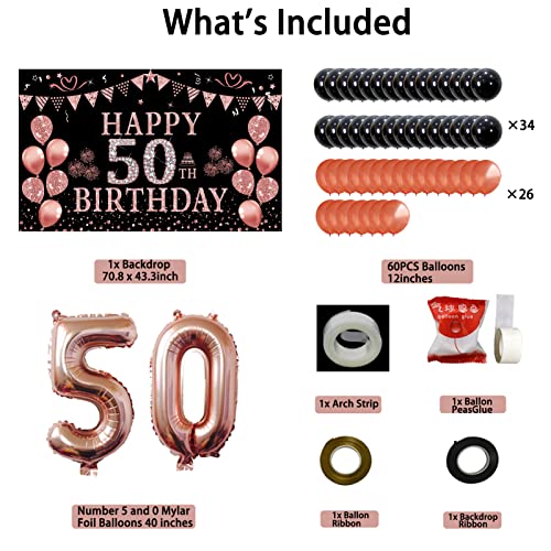 Trgowaul 50th Birthday Decorations Women - Black Rose Gold Happy 50th Birthday Banner Backdrop, 60 Pcs Latex Confetti Balloons and 50 Number Balloons 50 Years Old Birthday Party Supplies Gifts for her